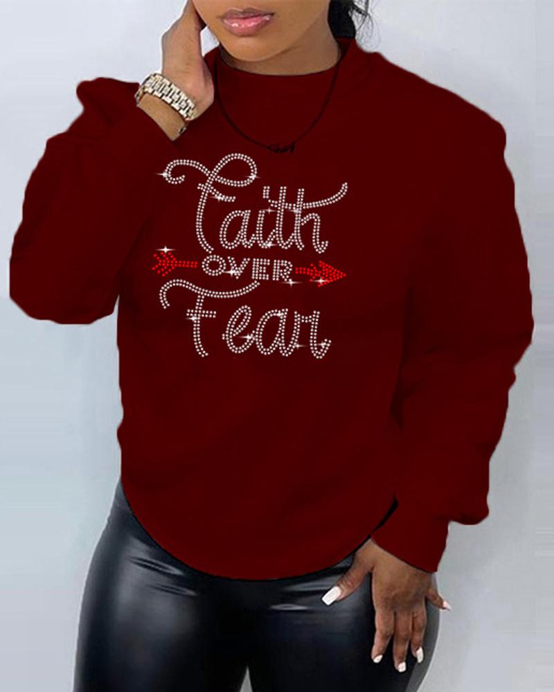 

Plus Size Rhinestone Letter Pattern Long Sleeve Sweatshirt, Wine red