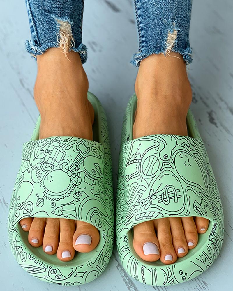 

Open Toe Graphic Print Platform Flat Sandals, Green