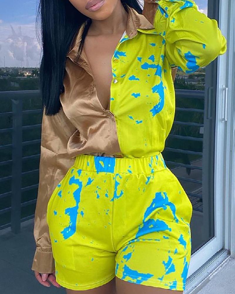 

Colorblock Buttoned Shirt & Pocket Design Shorts Set, Yellow