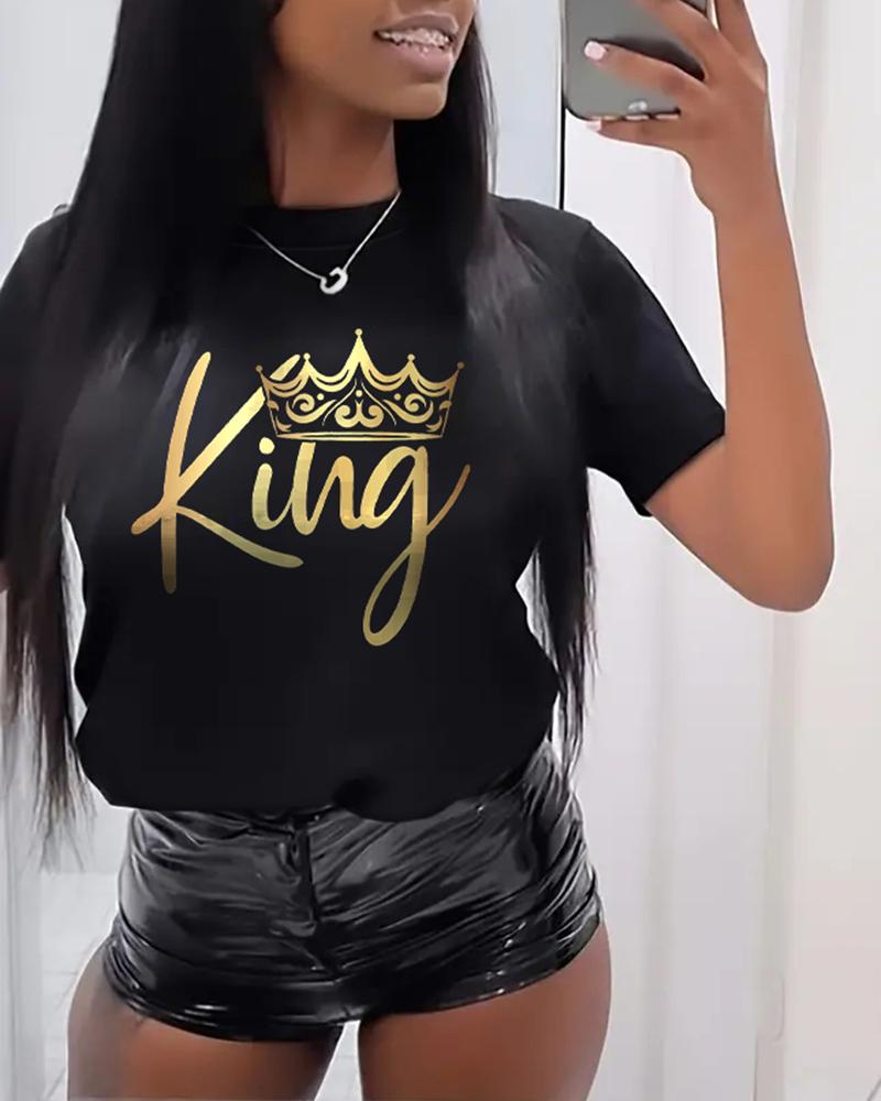 

King Crown Print Casual T-shirt, Black