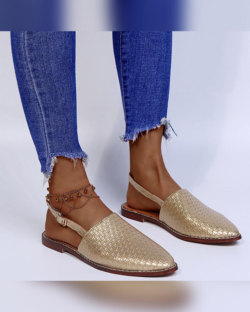 

Pointed-toe Solid Color Weave Buckle Flat Slip-on, Gold