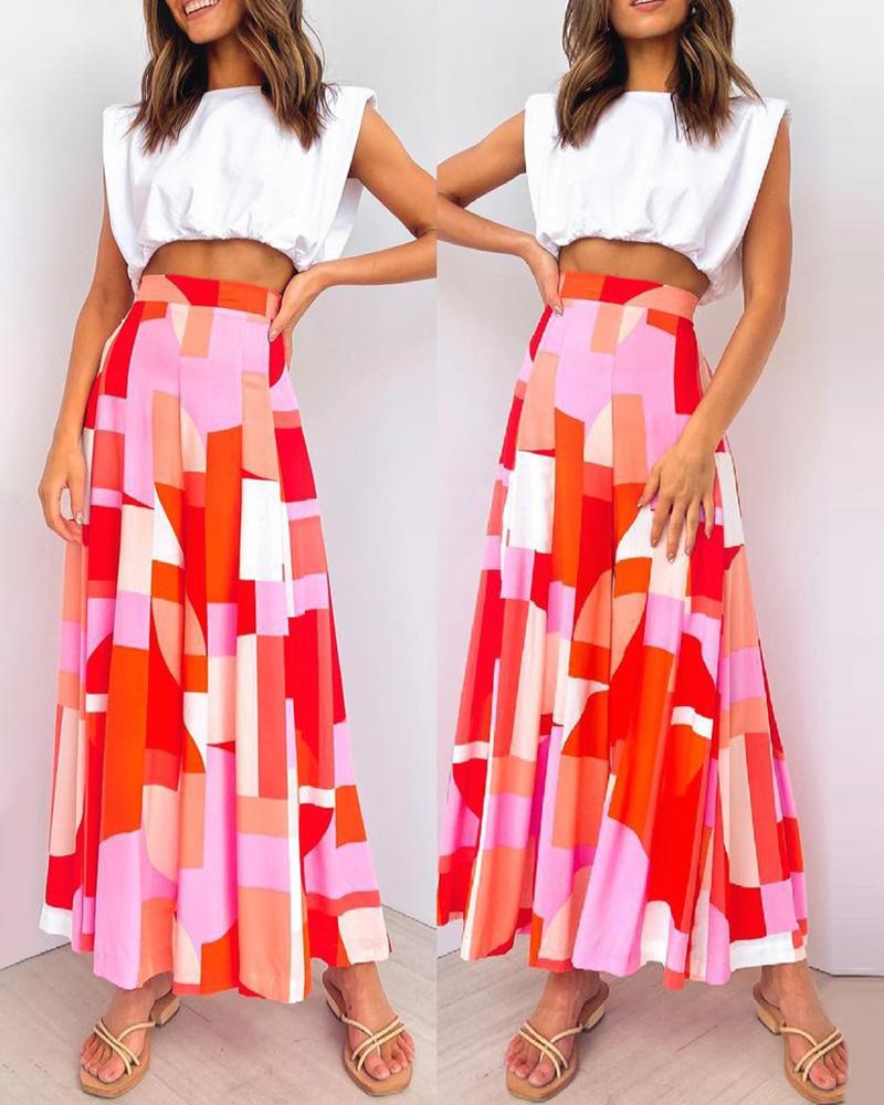 

Colorblock Sleeveless Crop Ruffle Top & Skirt Sets, White