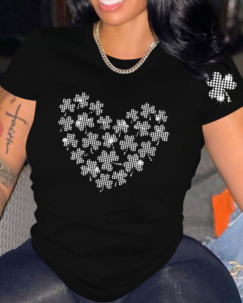 

St. Patrick's Day Rhinestone Clover Heart Pattern Casual T-shirt, Black