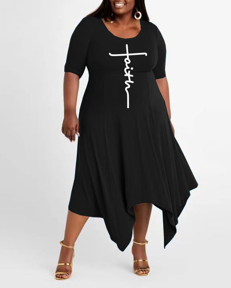 

Plus Size Letter Print Asymmetrical Casual Dress, Black
