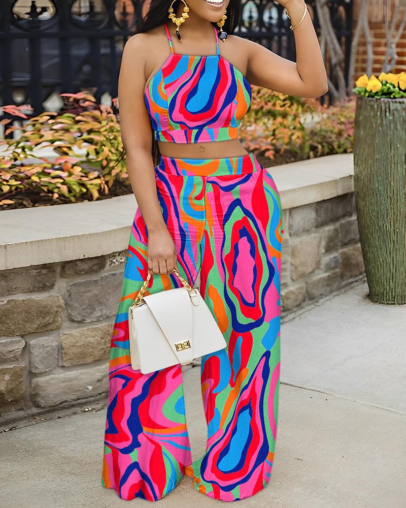 

Abstract Print Crop Top & Wide Leg Pants Set, Multicolor