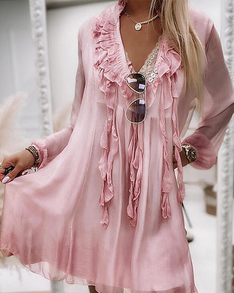 

Ombre Long Sleeve V-Neck Frill Hem Blouse, Pink