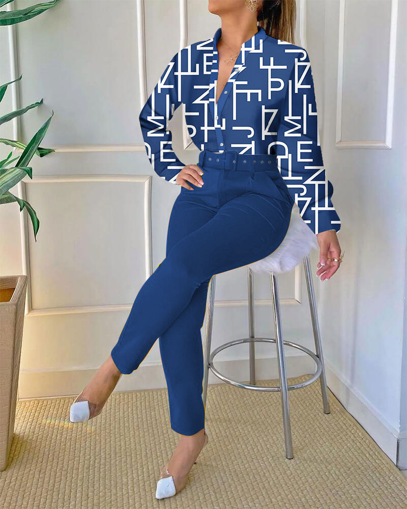 

Letter Print Long Sleeve Top & Pants Set With Belt, Blue
