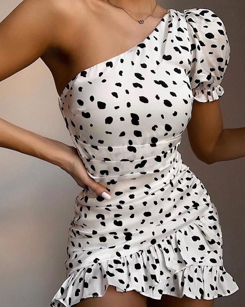 

One Shoulder Dot Ruffles Mini Dress, White