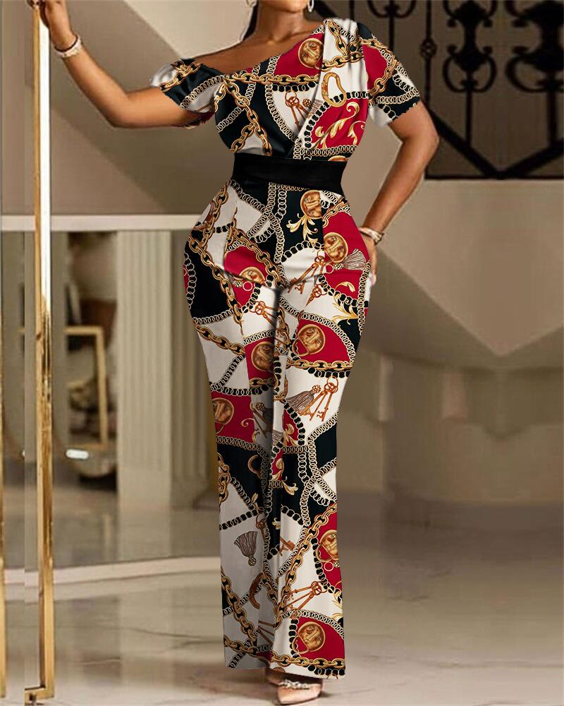 

Scarf Chain Print Ruched High Waist Jumpsuit, Multicolor