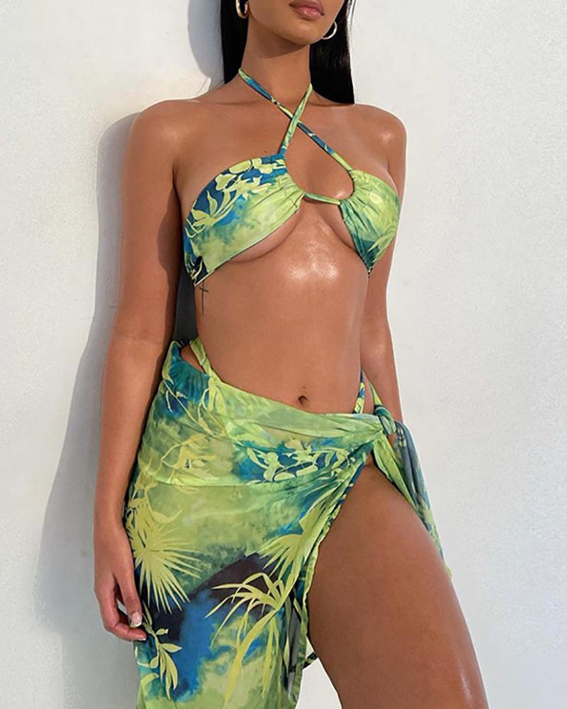 

Halter Tropical Print Cutout Bikini Sets With Cover Up, Green