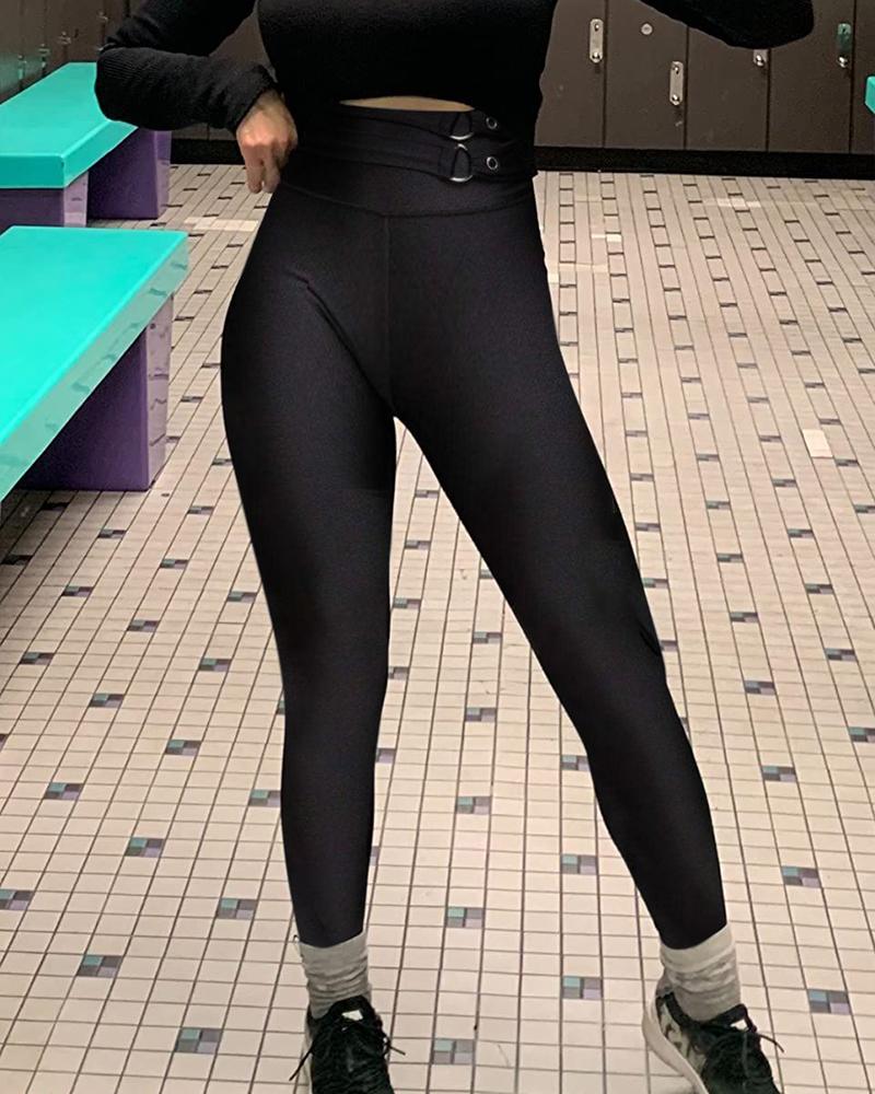 

Eyelet O-Ring Decor Skinny Pants, Black