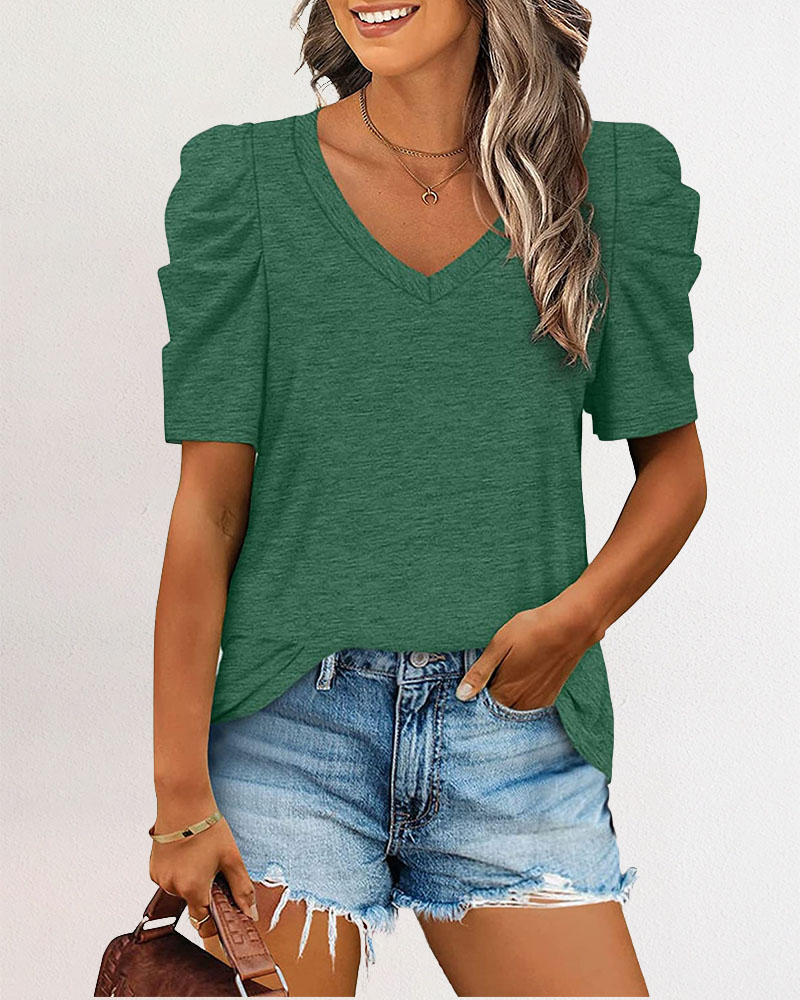 

V-Neck Puff Sleeve Casual T-shirt, Green