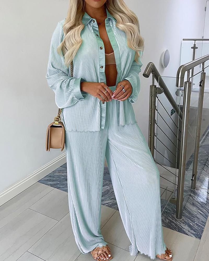 

Buttoned Shirt & Wide Leg Pants Set, Lighted blue