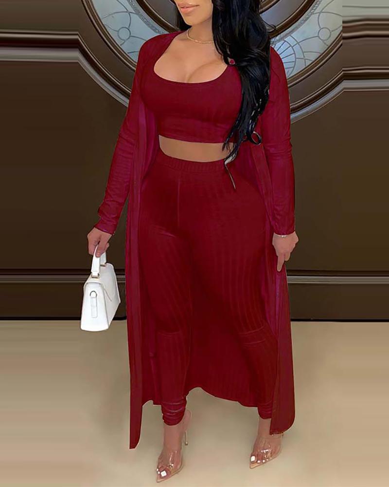 

Crop Tank Top & High Waist Pants Set With Cardigan, Red
