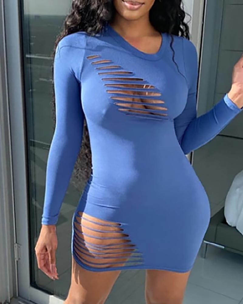 

Ladder Cutout Front Long Sleeve Bodycon Dress, Blue