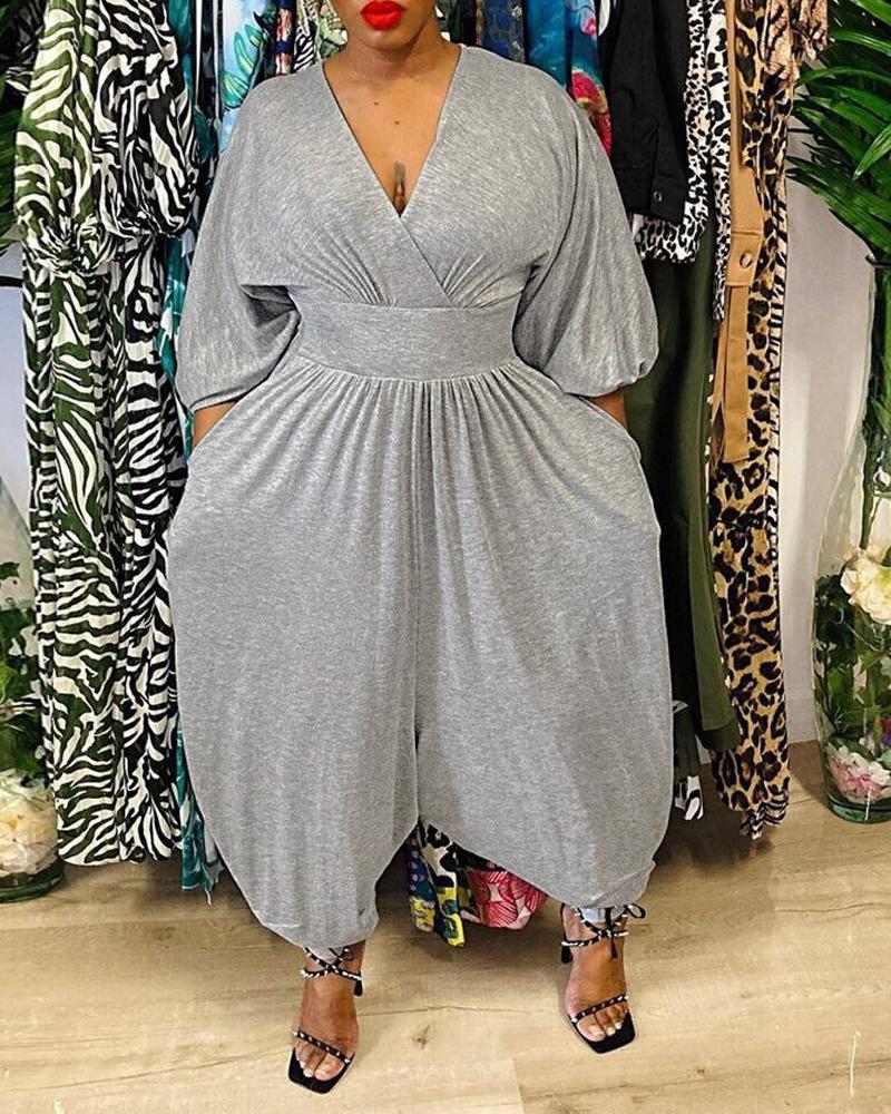 

Long Sleeve Surplice Neck Ruched Casual Jumpsuit, Gray