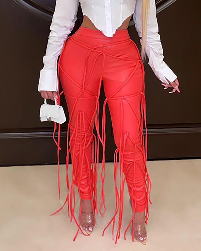 

PU Leather High Waist Strap Decor Pants, Red