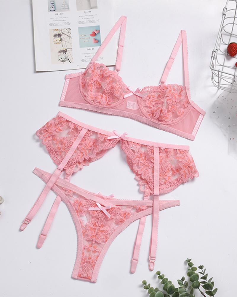

Sexy Mesh Splicing Embroidery Sling Bra Sets With Garter, Pink