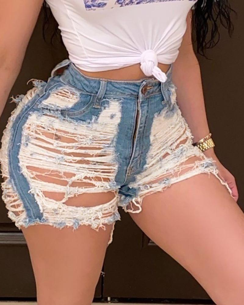 

Zipper Design Ripped Denim Jean Shorts, Lighted blue