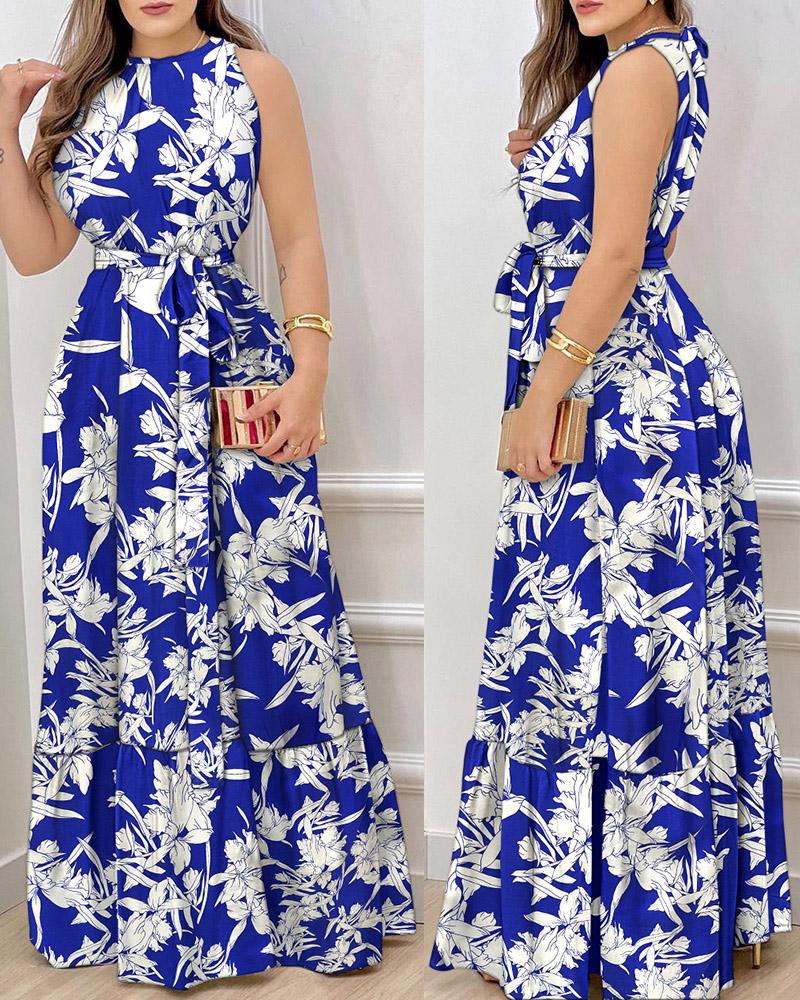 

Plants Print Sleeveless Maxi Dress, Blue