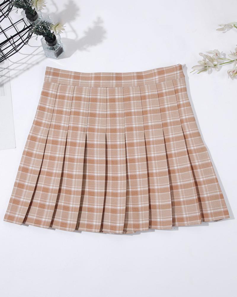 

Plaid Print High Waist Pleated Skirt, Style1