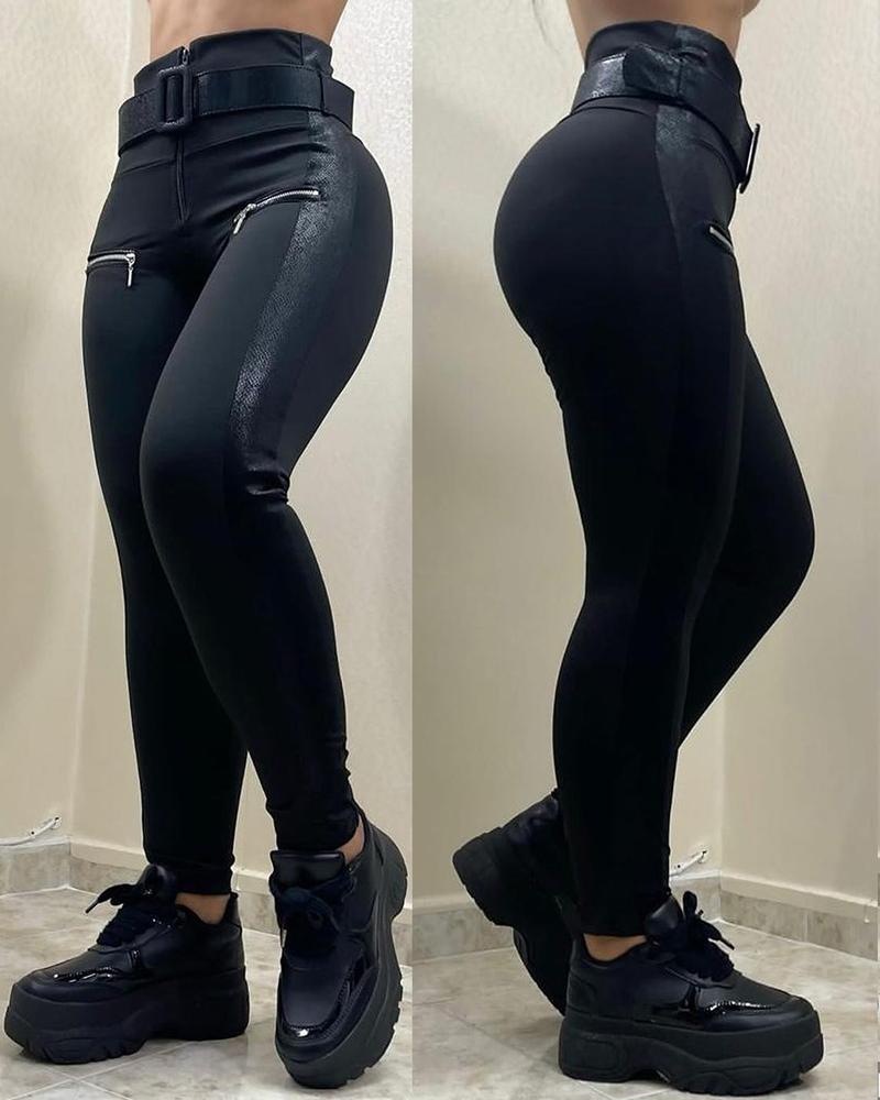 

Zipper Decor High Waist Skinny Pants With Belt, Black