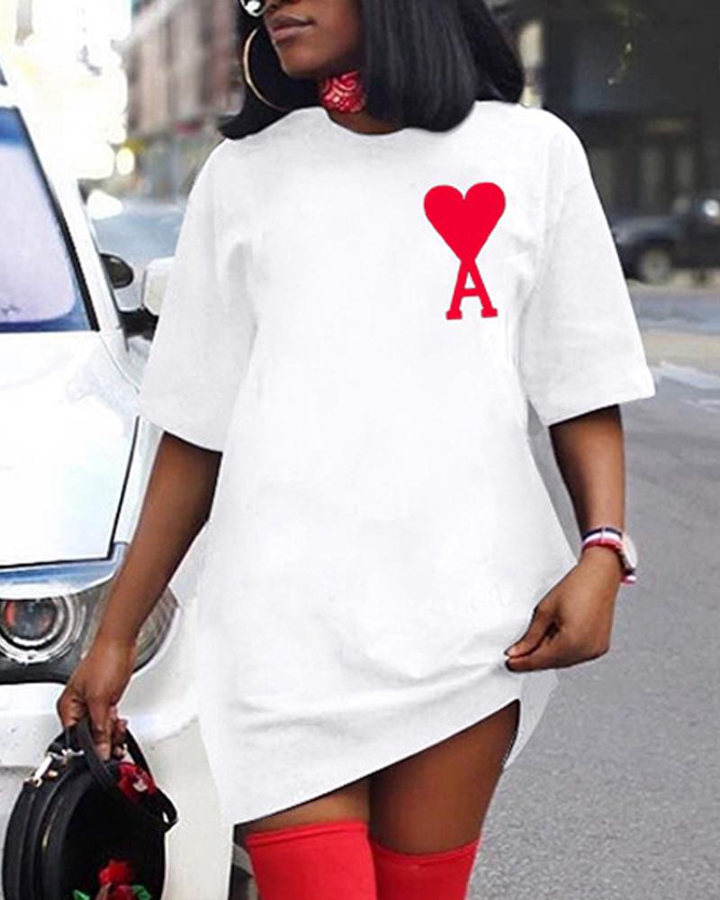 

Letter Heart Print Short Sleeve Casual Dress, White