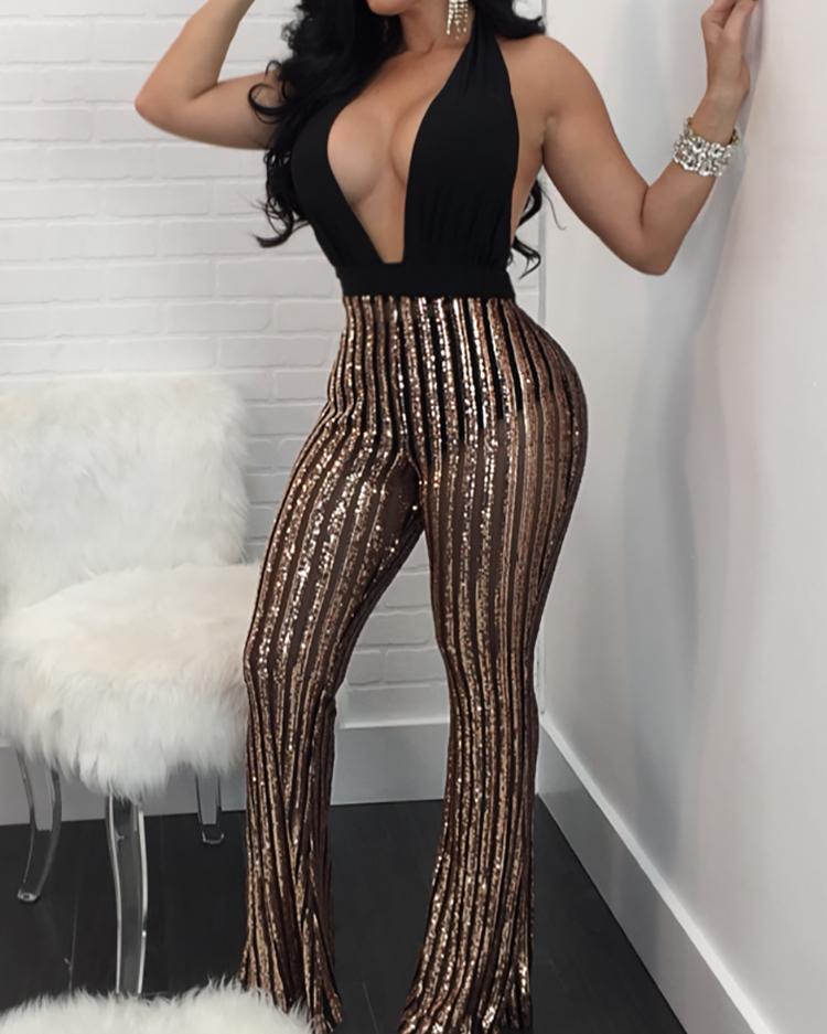 

Halter Open Back Sequined Splicing Jumpsuits - Black