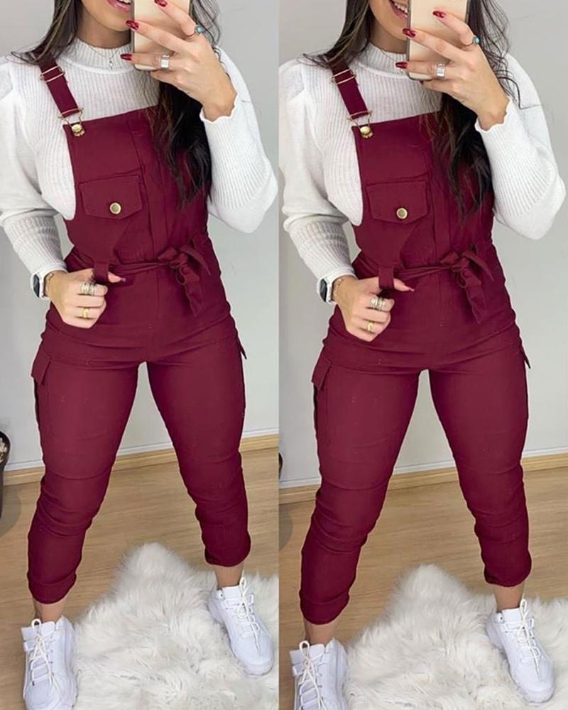 

Pocket Design Plain Suspender Jumpsuit, Red