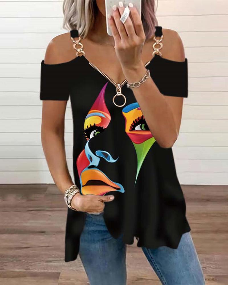 

Abstract Figure Print Cold Shoulder Top, Black