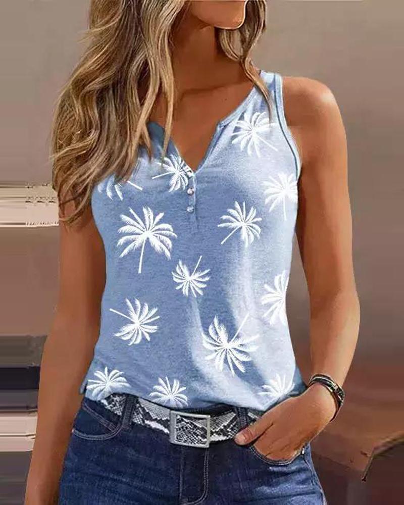 

Coconut Tree Print Casual Tank Top, Lighted blue