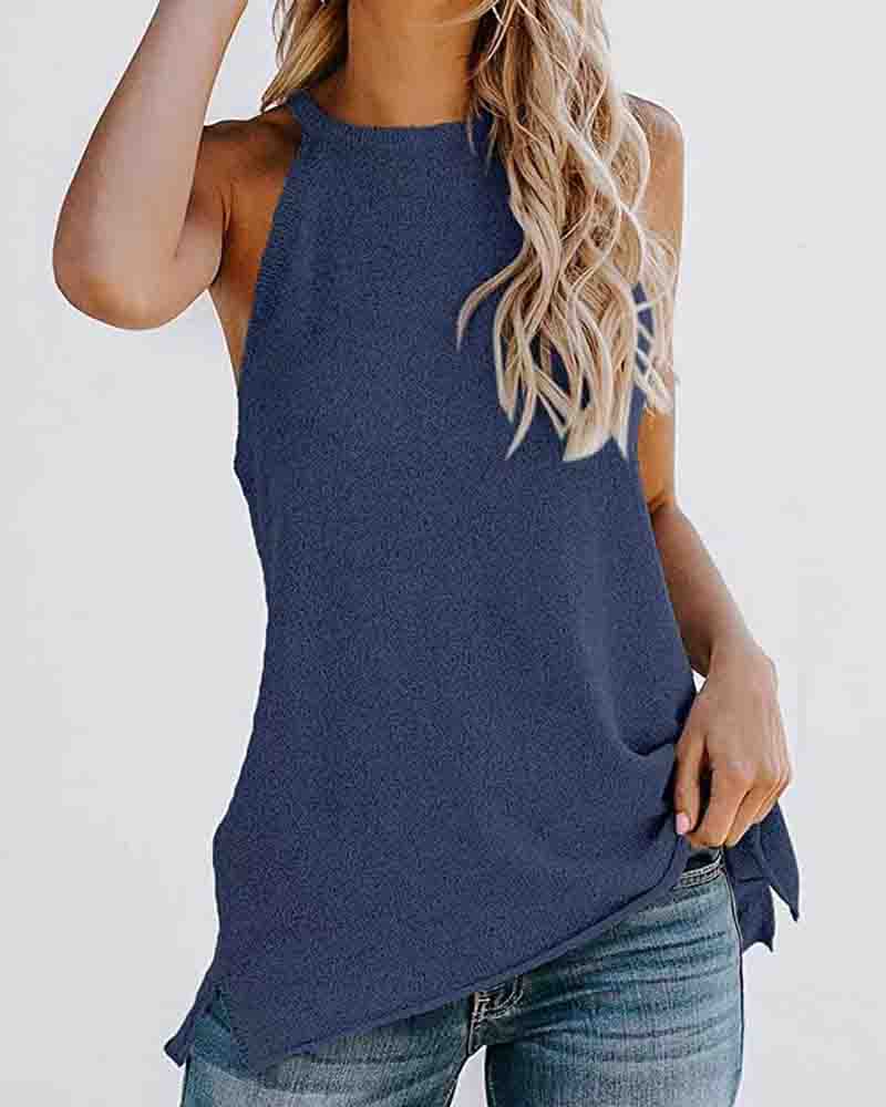 

Sleeveless Plain Side Slit O-neck Top, Blue