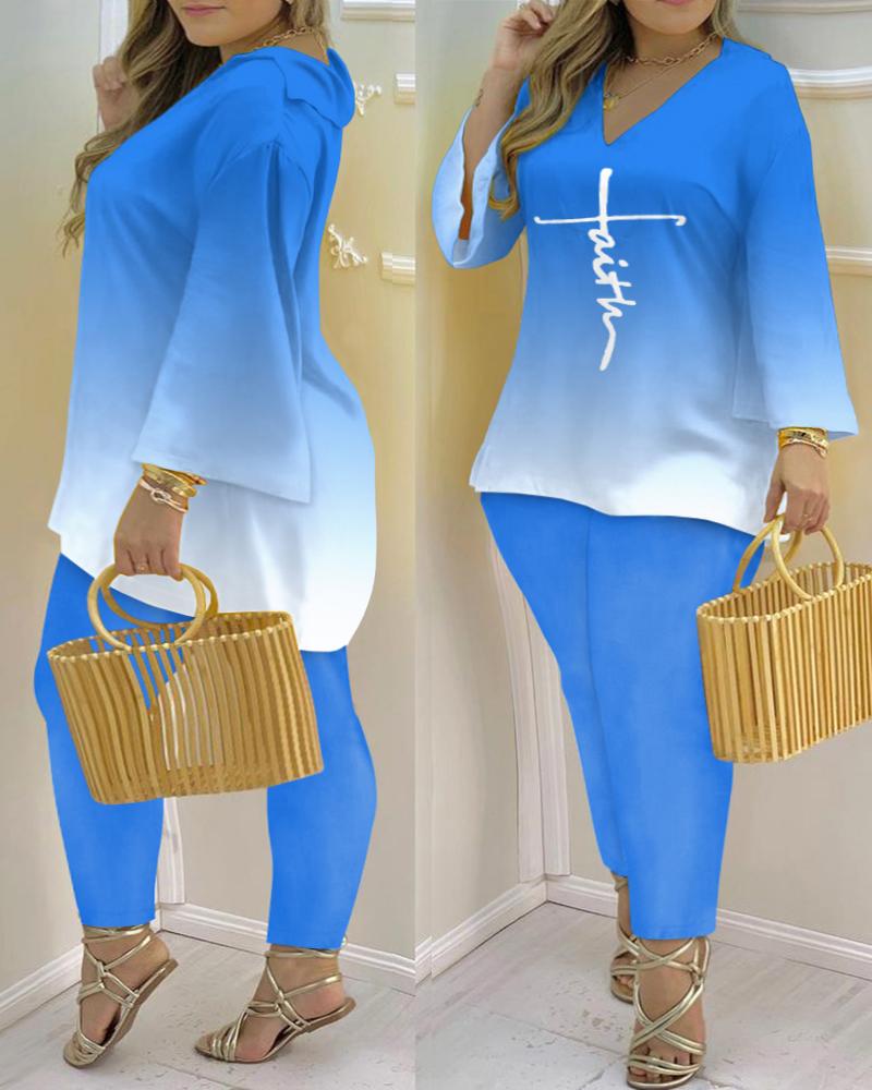 

Plus Size Faith Print Ombre Bell Sleeve Top & Pants Set, Blue