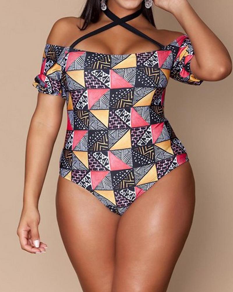 

Plus Size Geo Print Halter Cold Shoulder One-Piece Swimsuit, Black