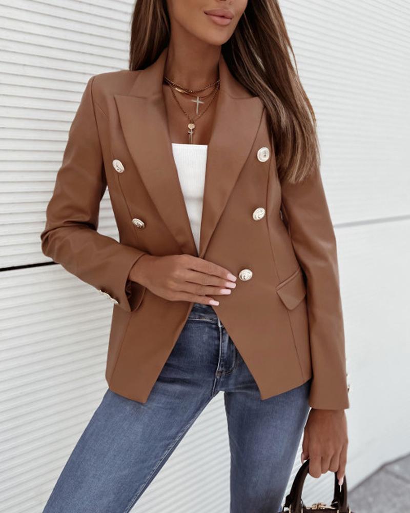 

PU Leather Long Sleeve Double Breasted Blazer, Brown