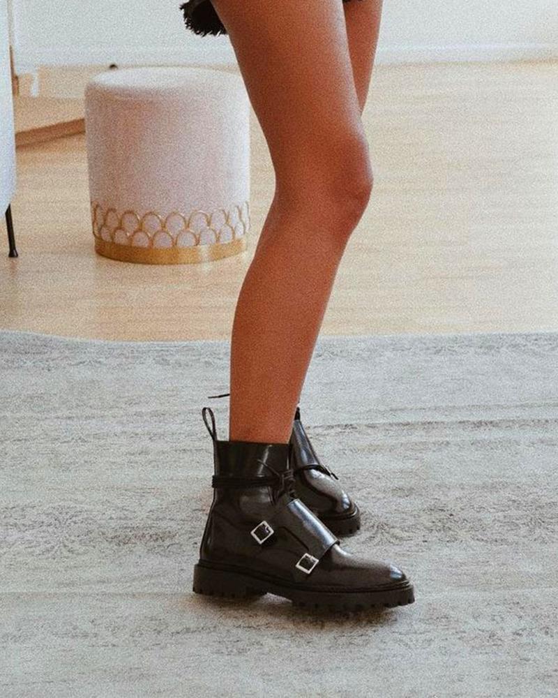 

Double Buckled Lace-up Flatform Boots, Black