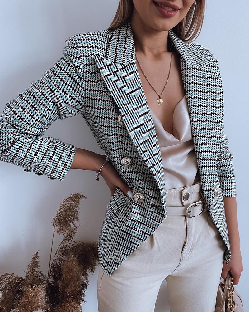 

Double Breasted Houndstooth Print Blazer Coat, Green