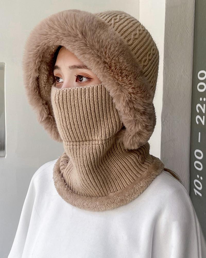 

Fuzzy Winter Warm Cable Knit One-Piece Mask Scarf Beanie Hat, Khaki