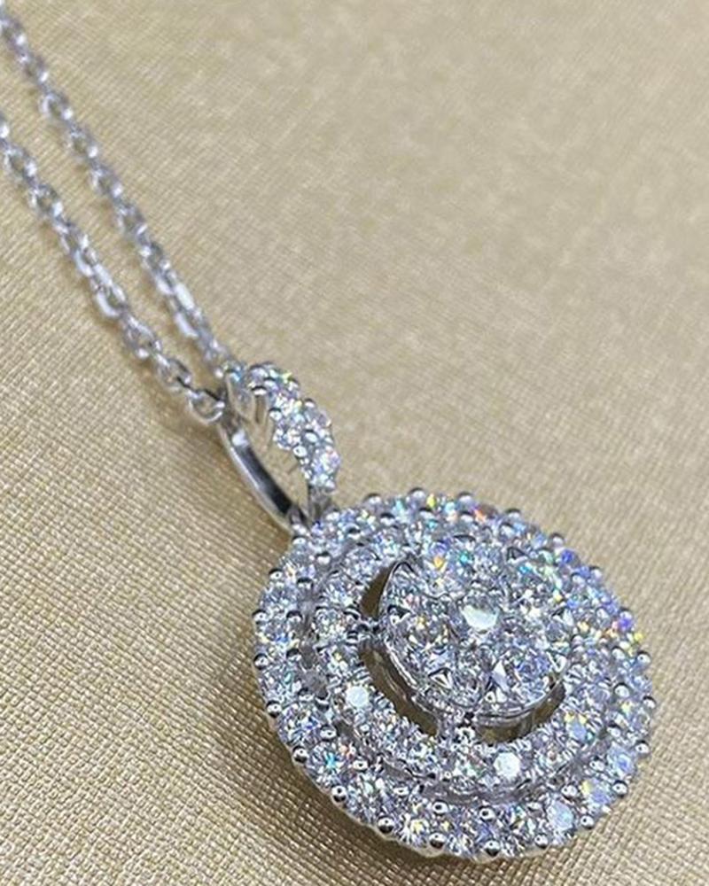 

1pc Round Plate Zircon Pendant Necklace Luxury Jewelry Engagement Wedding Party Gift, Silver