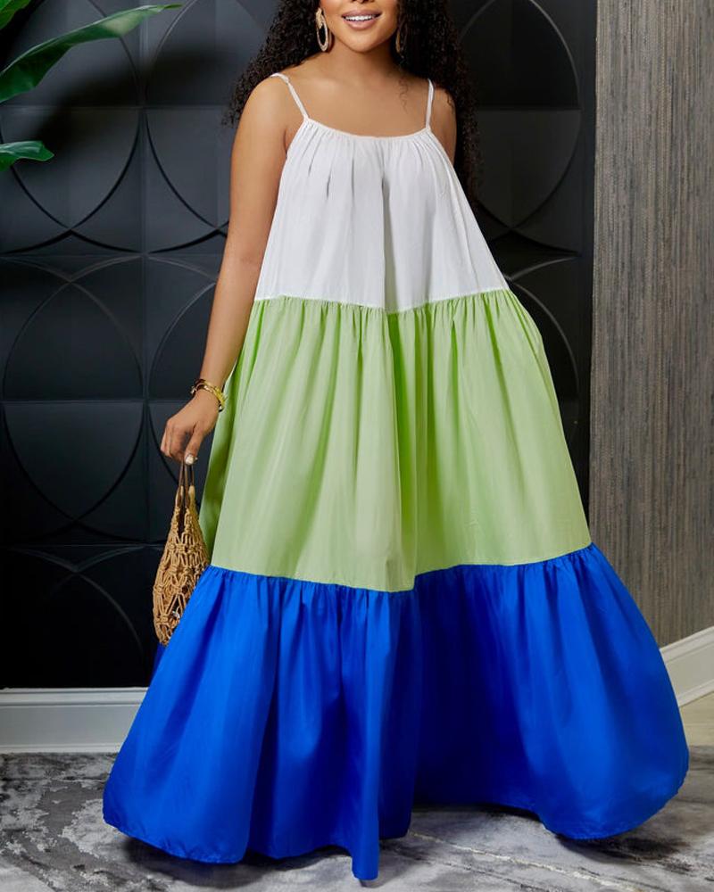 

Colorblock Spaghetti Strap Maxi Swing Dress, Blue