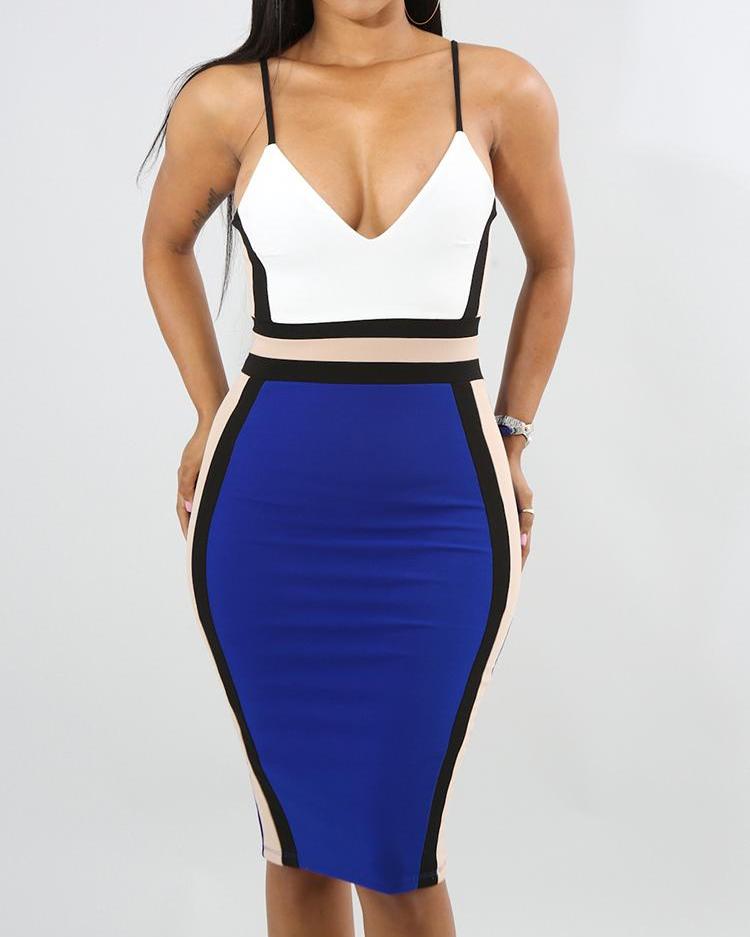 

Colorblock Striped Spaghetti Strap Midi Dress, Blue