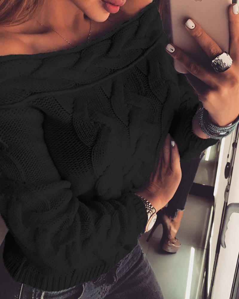 

Off Shoulder Braided Knitted Casual Sweater, Black
