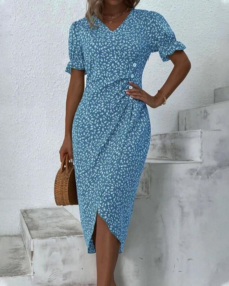 

Ditsy Floral Print Side Buttoned Wrap Dress, Blue