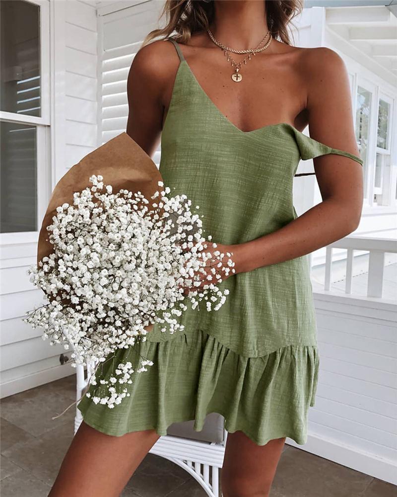 

Spahgetti Strap Ruffles Hem Casual Dress, Army green