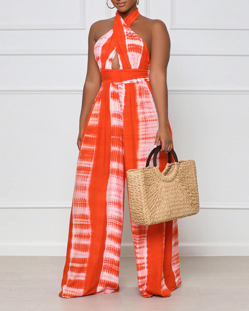 

Tie Dye Print Halter Backless High Waist Wide Leg Jumpsuit, Orange