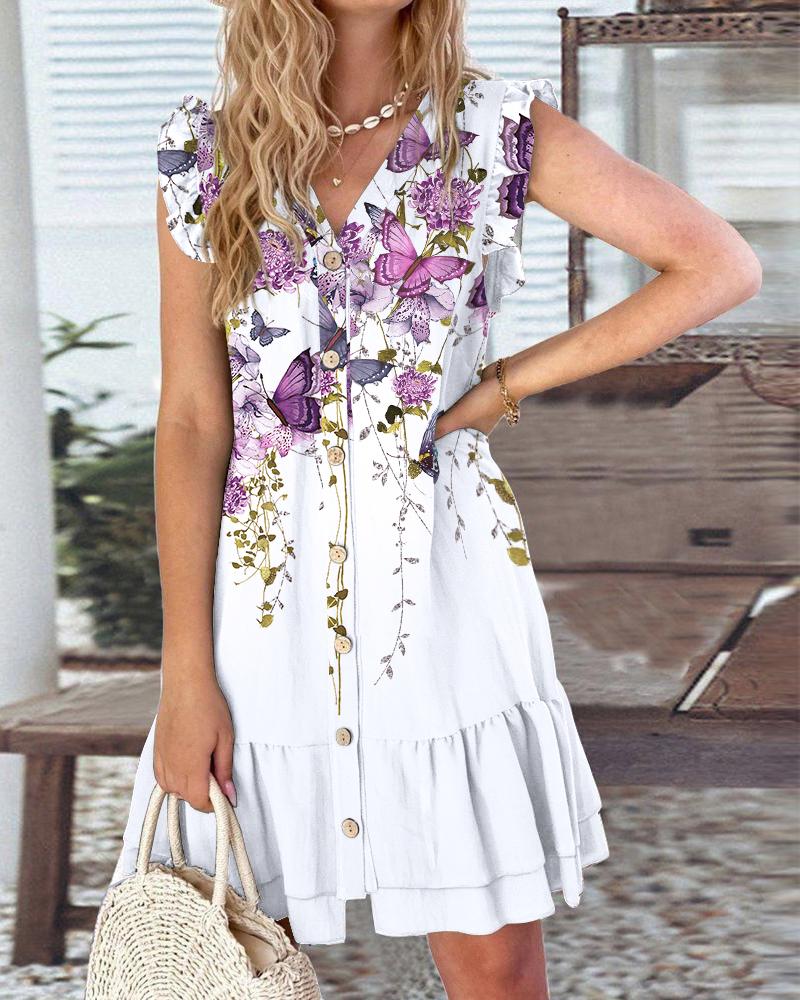 

Butterfly Floral Print Ruffle Hem Casual Dress, White