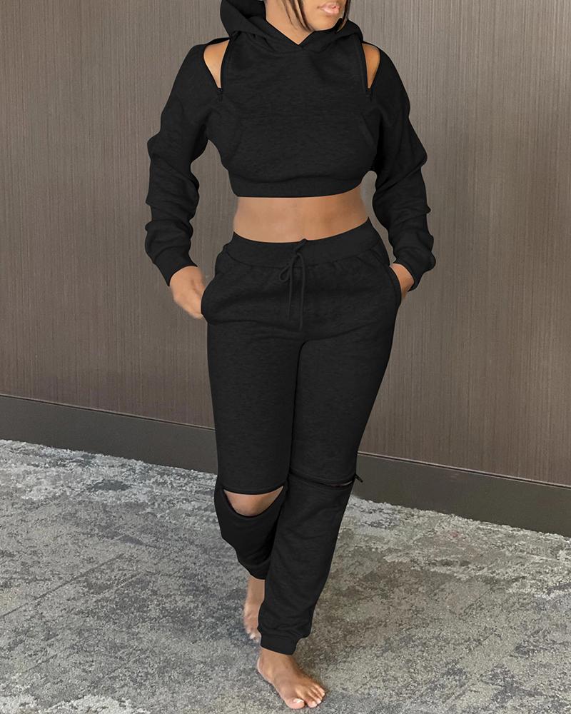 

Cutout Crop Hooded Top & Drawstring Pants Set, Black