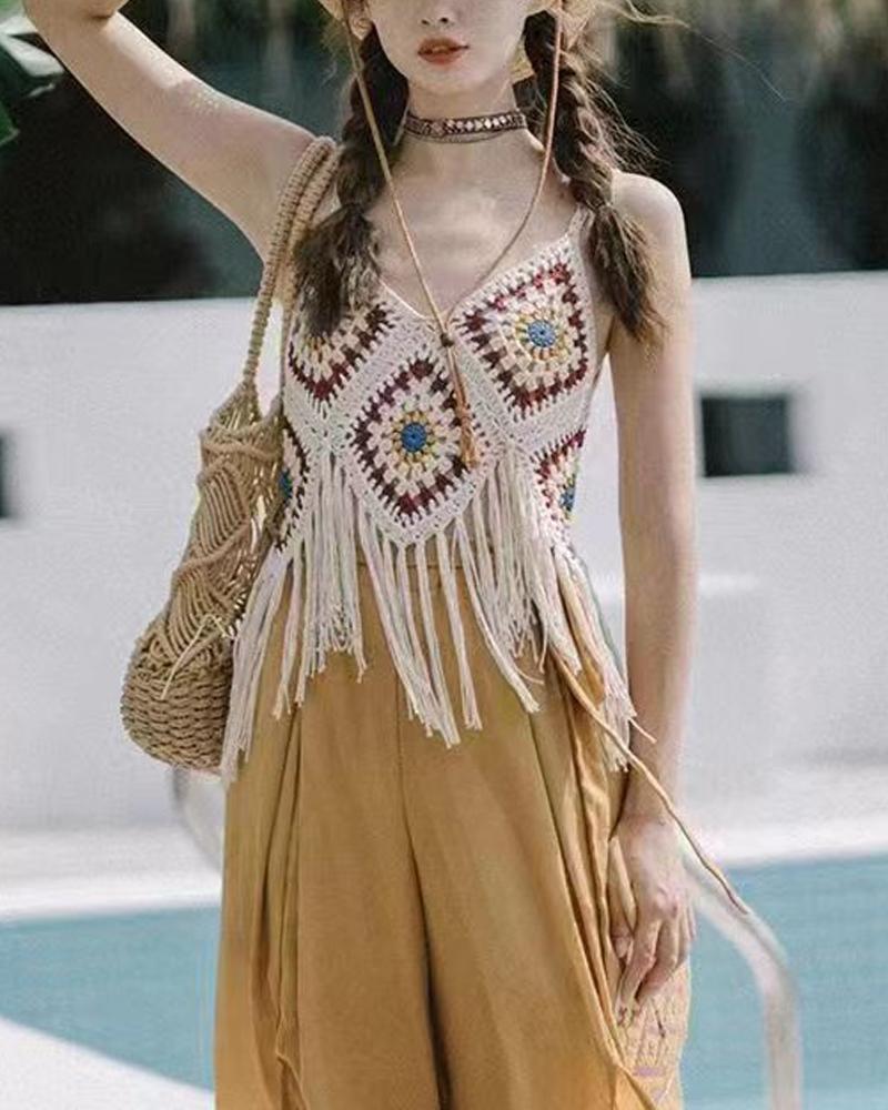 

Random Color Scarf Pattern Tassel Trim Crochet Cover Up Beach Top, Apricot