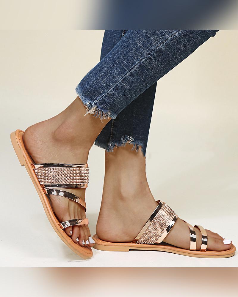 

Solid Studded Bandage Upper Open-toe Flat Sandals, Gold