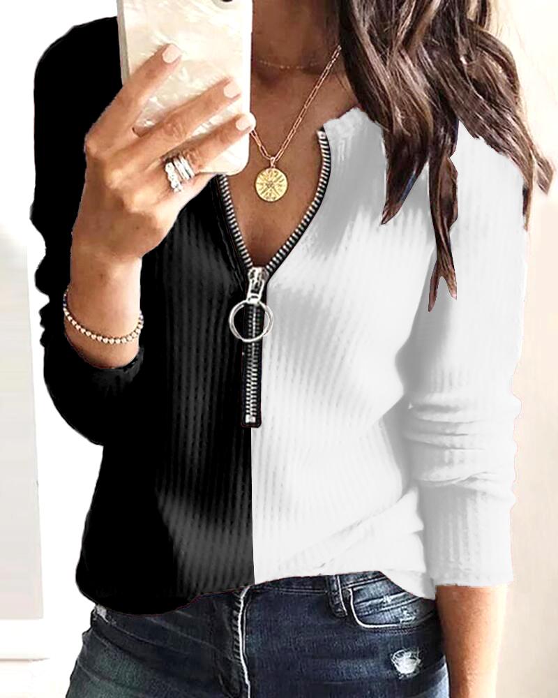 

Colorblock Zipper Front Long Sleeve Top, Blackwhite